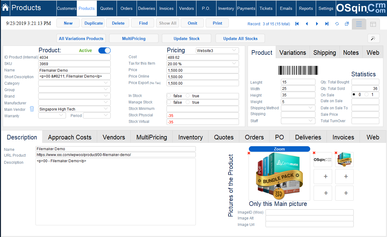 OSqin Crm variation Products Multiple Currencies Filemaker Products