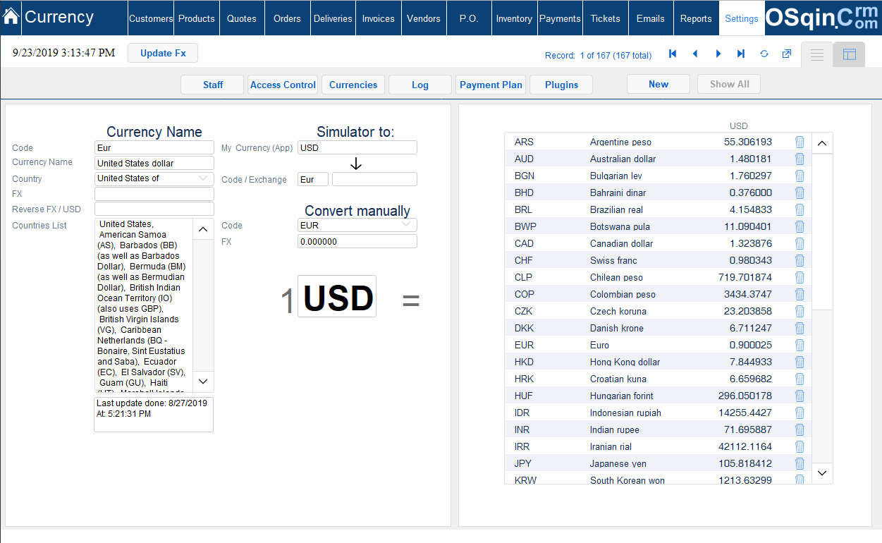 OSqin Crm 161 Currencies Available