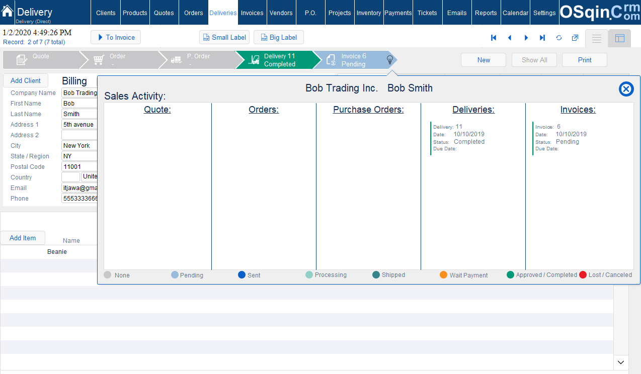 OSqin Crm Commercial - Deliveries Filemaker Crm Software