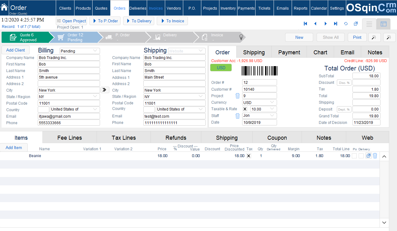OSqin Crm Commercial - Orders Filemaker Crm Software