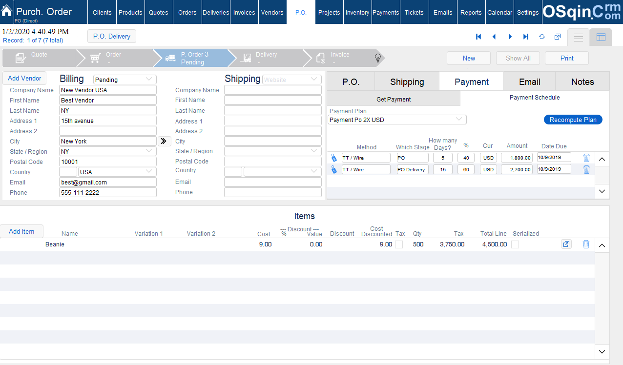 OSqin Crm Commercial - Purchase Orders Filemaker Crm Software