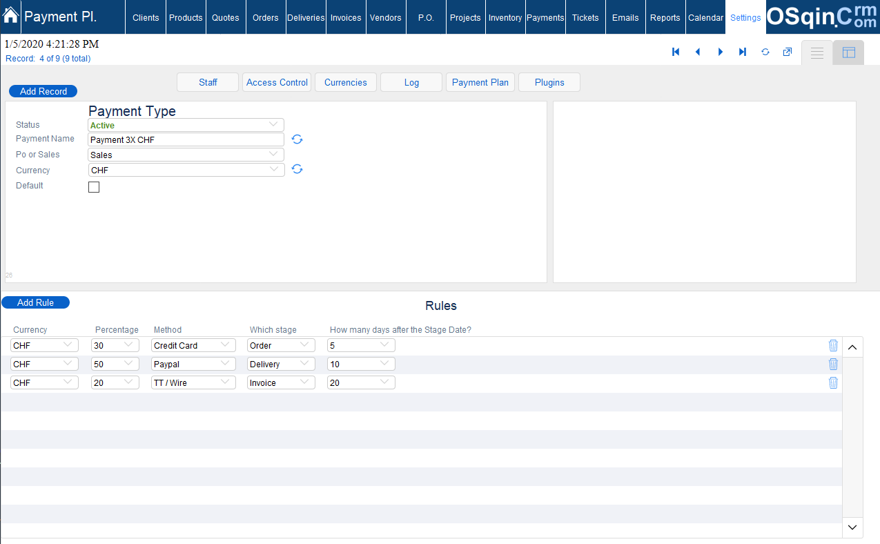 OSqin Crm Multi payment Templates Detail filemaker payment gateway