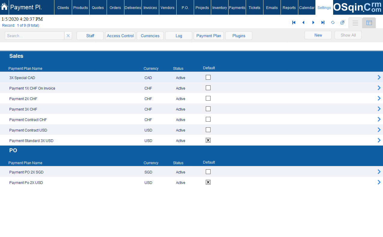 OSqin Crm Multi payment Templates List Filemaker Crm Currency