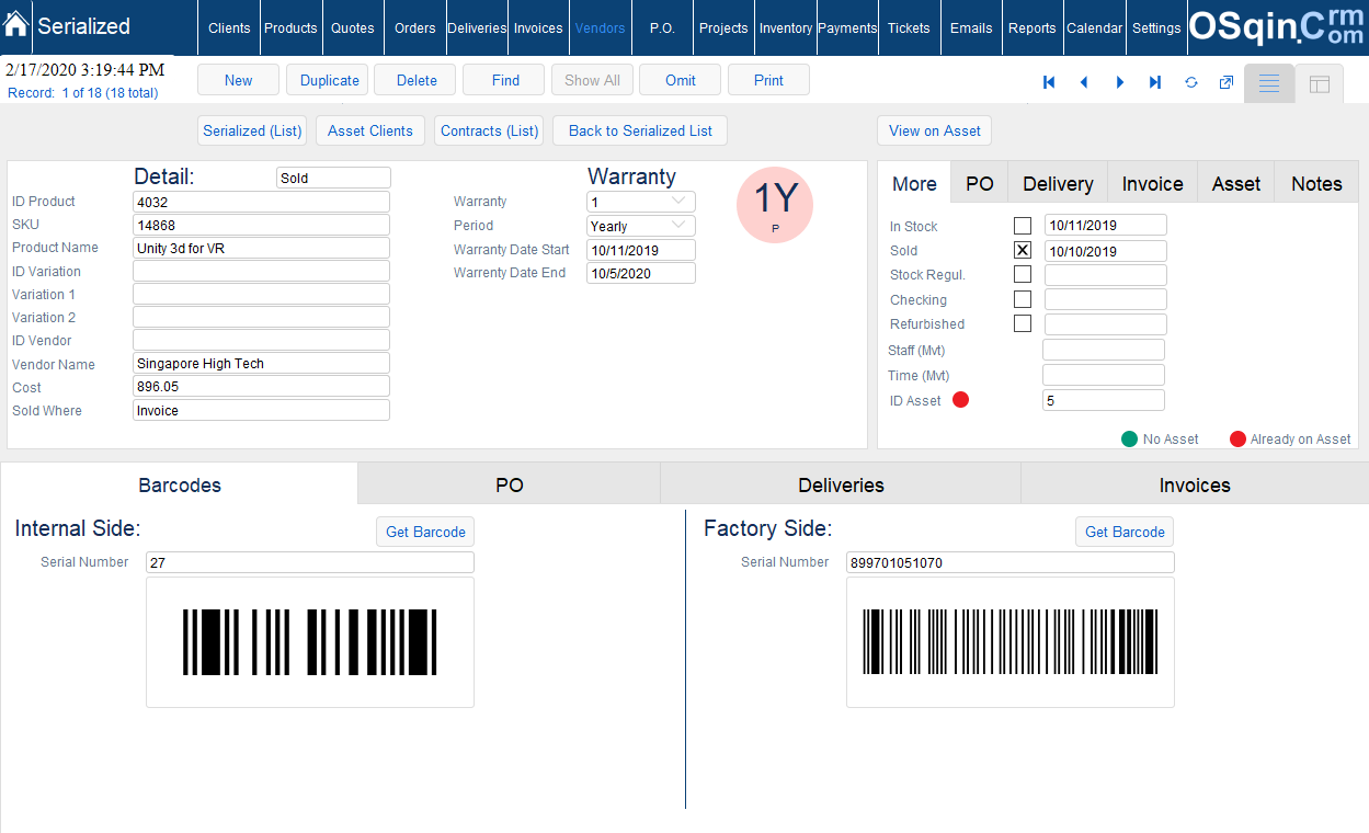 OSqin Crm - Filemaker Cmms - Serialized Track Serialized Product
