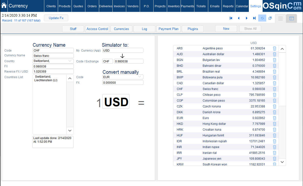 OSqin Crm - Filemaker Currency Exchange Rates filemaker server
