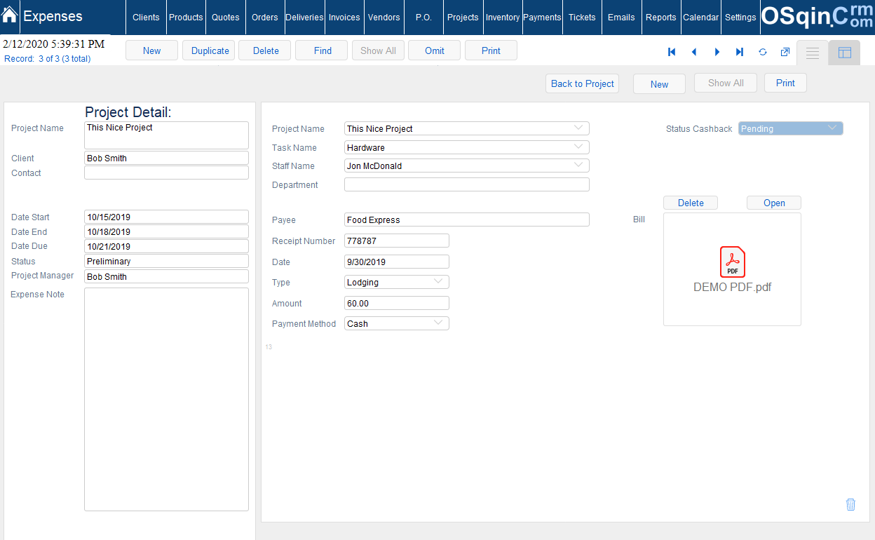 OSqin Crm Projects - Expenses Recherche developpeur filemaker