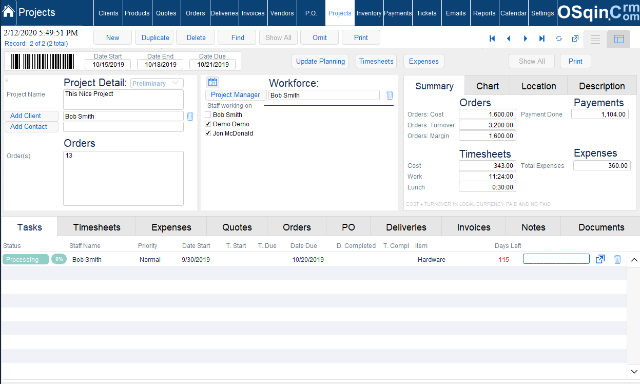 OSqin Crm Projects - Profitability Tracking Filemaker pro cost