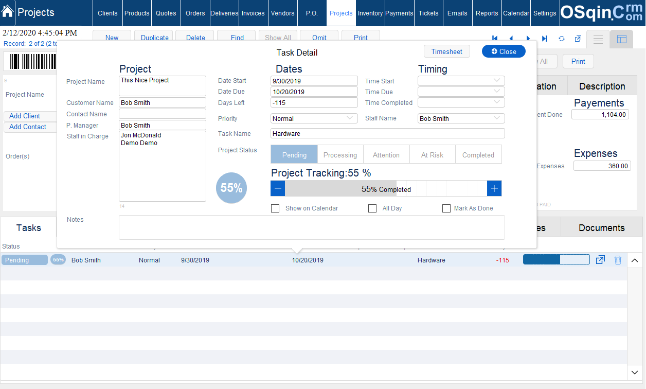 OSqin Crm Projects - Tasks Filemaker Pro Crm