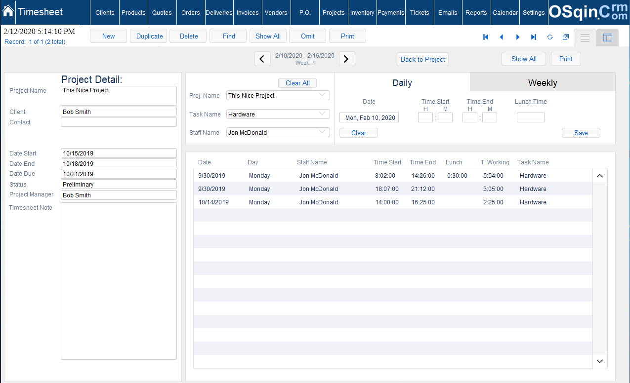 OSqin Crm Projects - Timesheet Filemaker Timesheet Database
